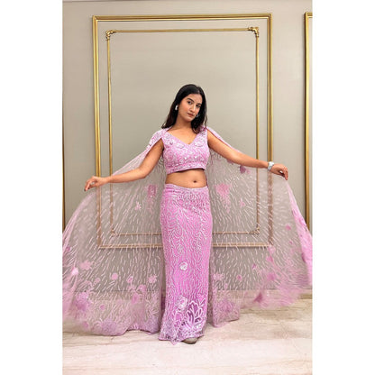 Label Simran Kochher Lavender Crop Top With Skirt And Veil (Set of 3)