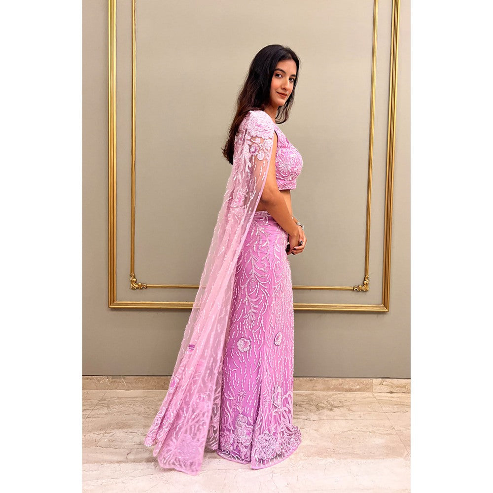 Label Simran Kochher Lavender Crop Top With Skirt And Veil (Set of 3)