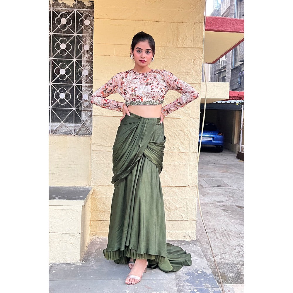 Label Simran Kochher Green Drape Skirt With Crop Top (Set of 2)