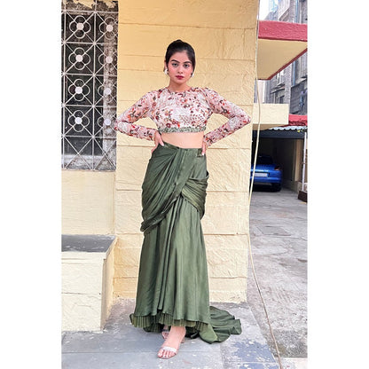 Label Simran Kochher Green Drape Skirt With Crop Top (Set of 2)