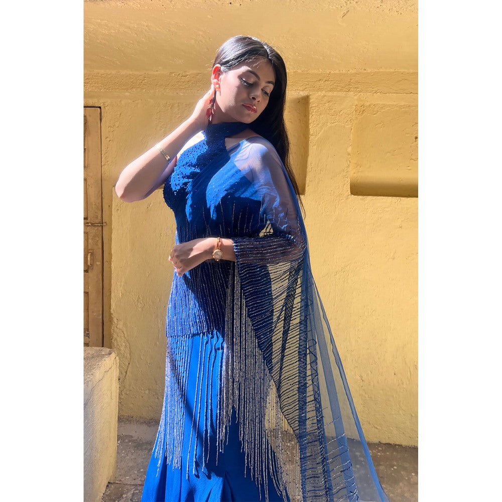 Label Simran Kochher Blue Fish Cut Skirt With Crop Top (Set of 2)