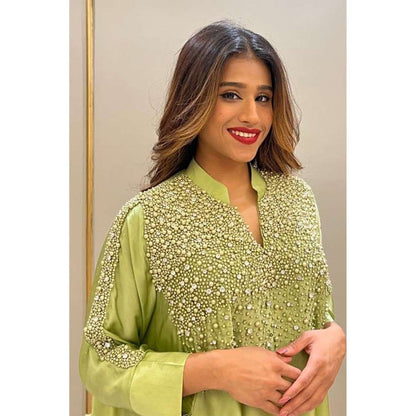 Label Simran Kochher Green Flamboyant Tunic With Pant (Set of 2)