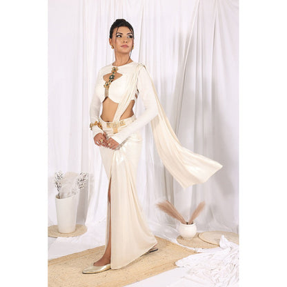 Label Simran Kochher Ivory Glint Pre Draped Saree with Stitched Blouse