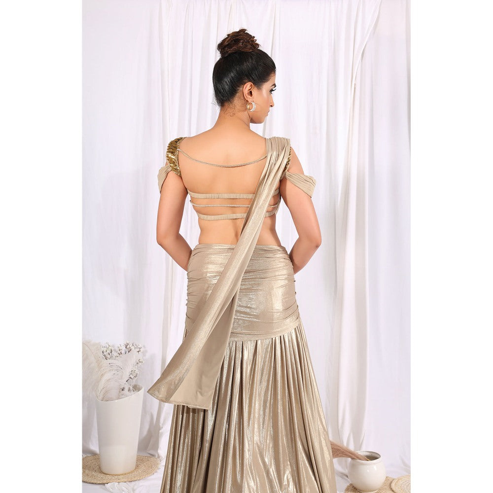 Label Simran Kochher Dune Drip Taupe Pre Draped Saree with Stitched Blouse