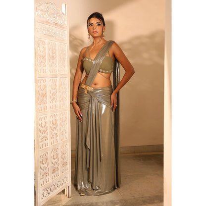 Label Simran Kochher Olive Aura Pre Draped Saree with Stitched Blouse