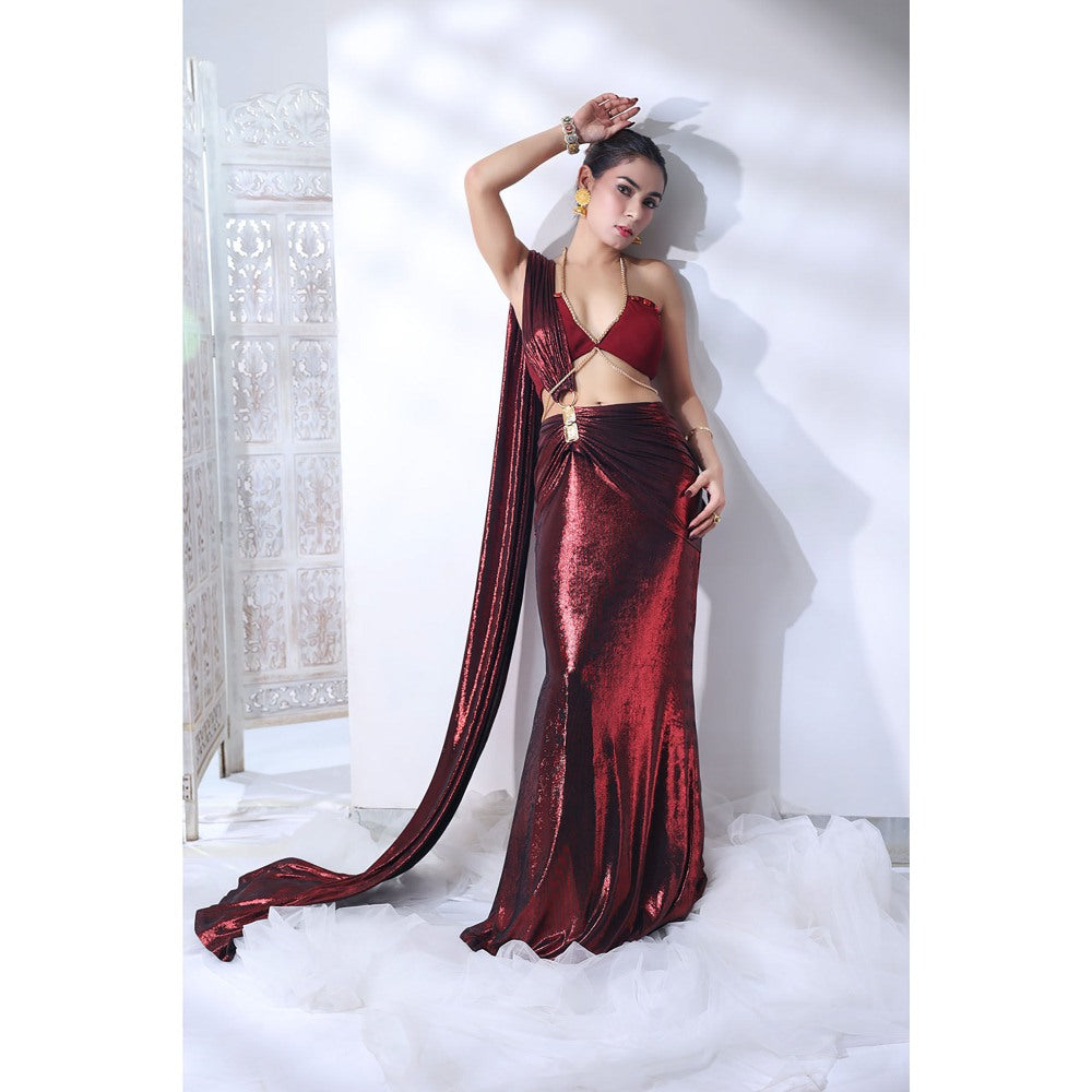 Label Simran Kochher Burnt Rogue Maroon Pre Draped Saree with Stitched Blouse