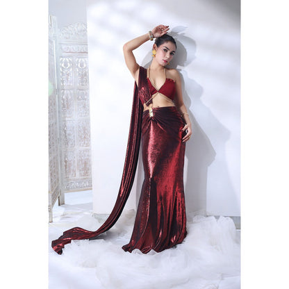 Label Simran Kochher Burnt Rogue Maroon Pre Draped Saree with Stitched Blouse