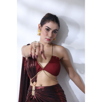 Label Simran Kochher Burnt Rogue Maroon Pre Draped Saree with Stitched Blouse