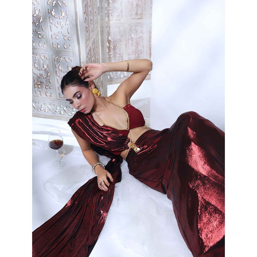 Label Simran Kochher Burnt Rogue Maroon Pre Draped Saree with Stitched Blouse