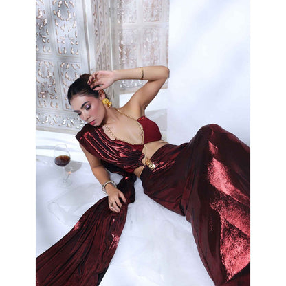 Label Simran Kochher Burnt Rogue Maroon Pre Draped Saree with Stitched Blouse