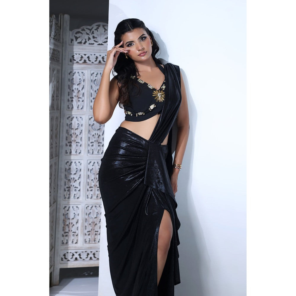Label Simran Kochher Noir Melt Black Pre Draped Saree with Stitched Blouse