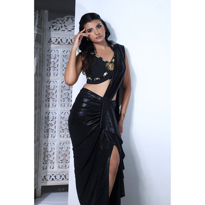 Label Simran Kochher Noir Melt Black Pre Draped Saree with Stitched Blouse