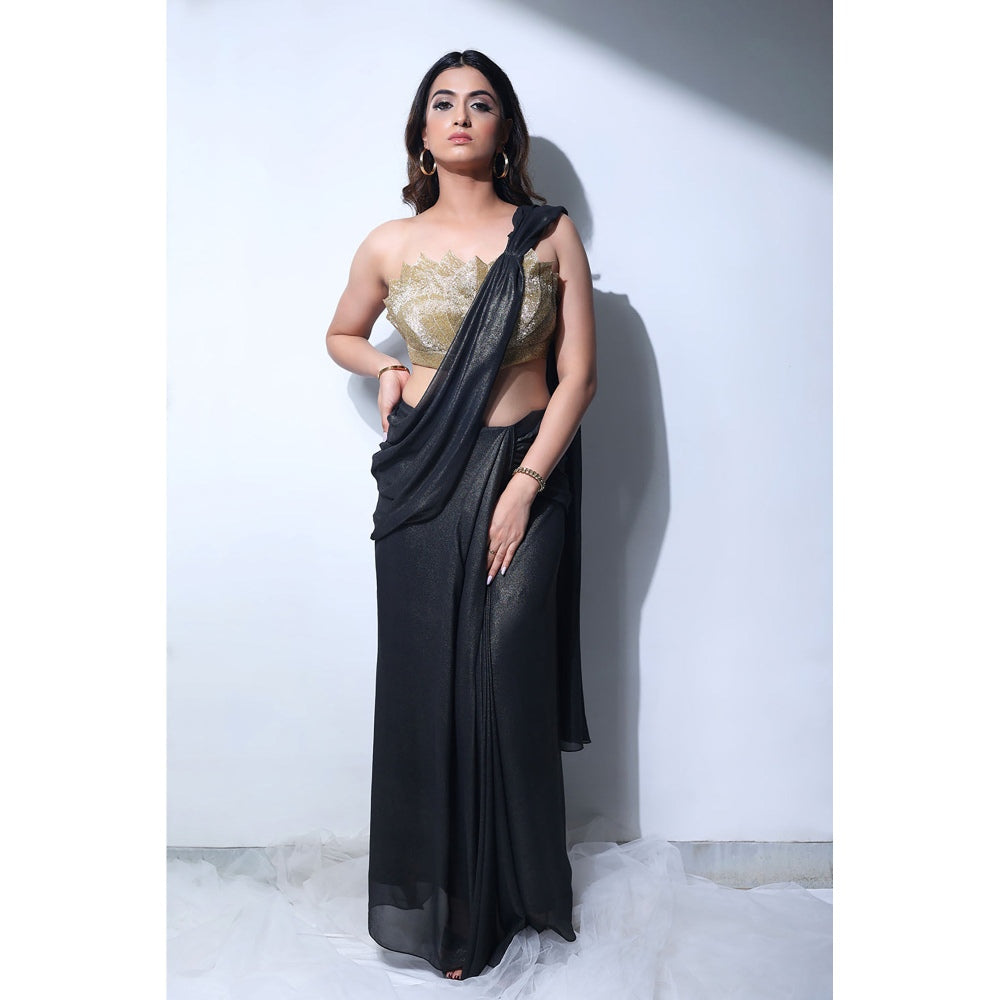 Label Simran Kochher Shadow Bloom Black Pre Draped Saree with Stitched Blouse