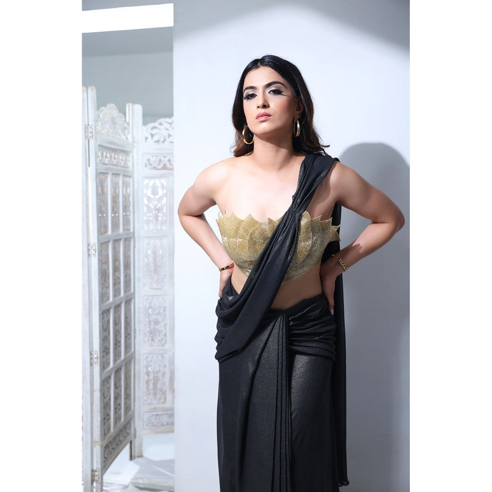 Label Simran Kochher Shadow Bloom Black Pre Draped Saree with Stitched Blouse