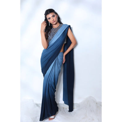 Label Simran Kochher Blue Inkwell Pre-draped Saree with Stitched Blouse