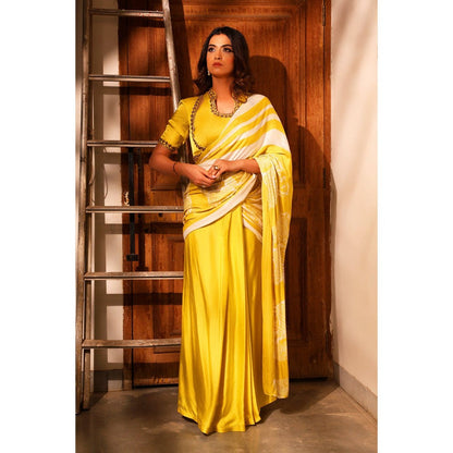 Label Simran Kochher Yellow Marigold Melody Saree with Stitched Blouse