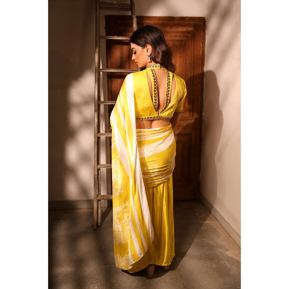 Label Simran Kochher Yellow Marigold Melody Saree with Stitched Blouse