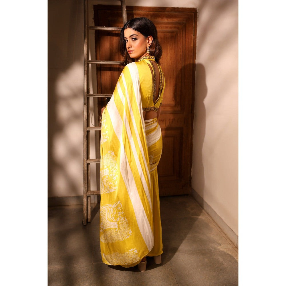 Label Simran Kochher Yellow Marigold Melody Saree with Stitched Blouse