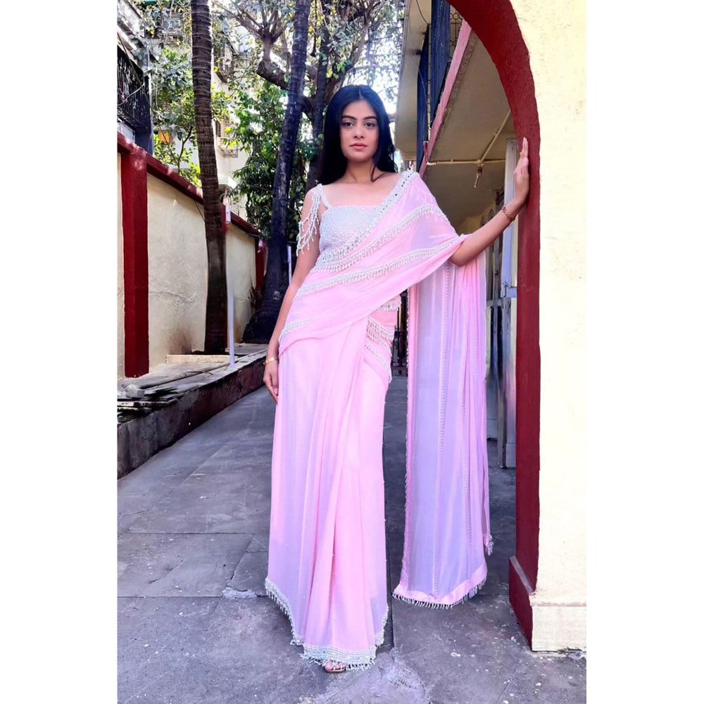 Label Simran Kochher Powder Pink Pre-Draped Saree with Stitched Blouse