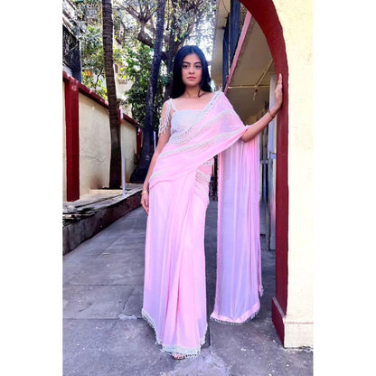 Label Simran Kochher Powder Pink Pre-Draped Saree with Stitched Blouse
