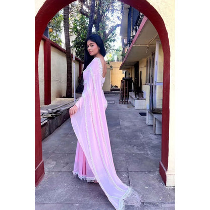 Label Simran Kochher Powder Pink Pre-Draped Saree with Stitched Blouse