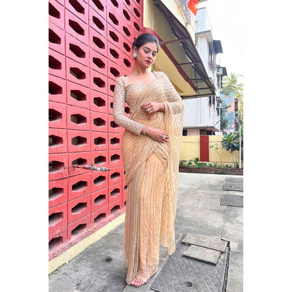 Label Simran Kochher Pale Gold Pre-Draped Saree with Stitched Blouse