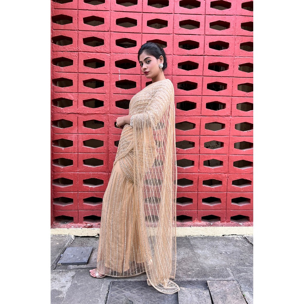 Label Simran Kochher Pale Gold Pre-Draped Saree with Stitched Blouse
