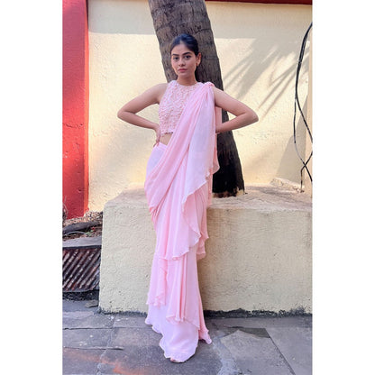 Label Simran Kochher Blush Pink Pre-Draped Saree with Stitched Blouse