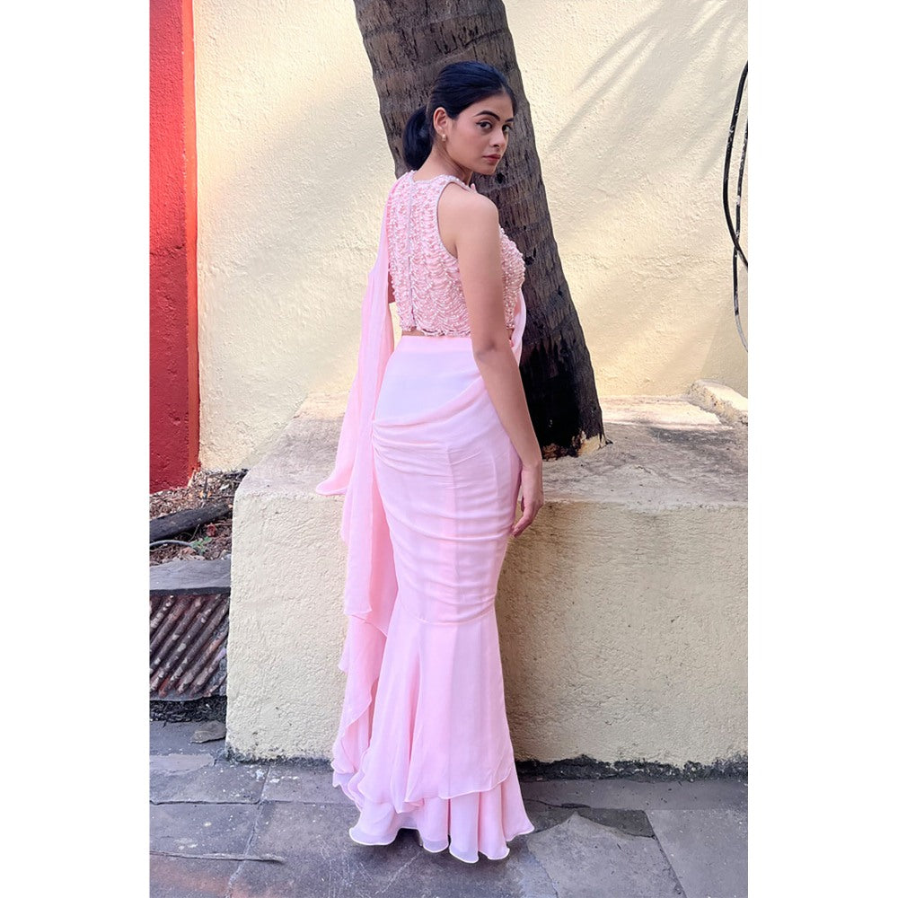 Label Simran Kochher Blush Pink Pre-Draped Saree with Stitched Blouse