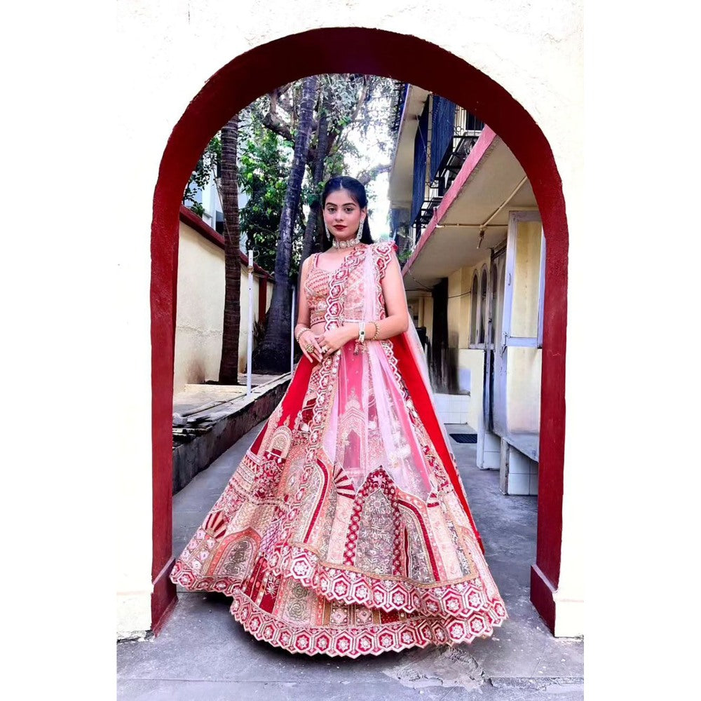 Label Simran Kochher Crimson Red Lehenga with Blouse and Dupatta (Set of 3)