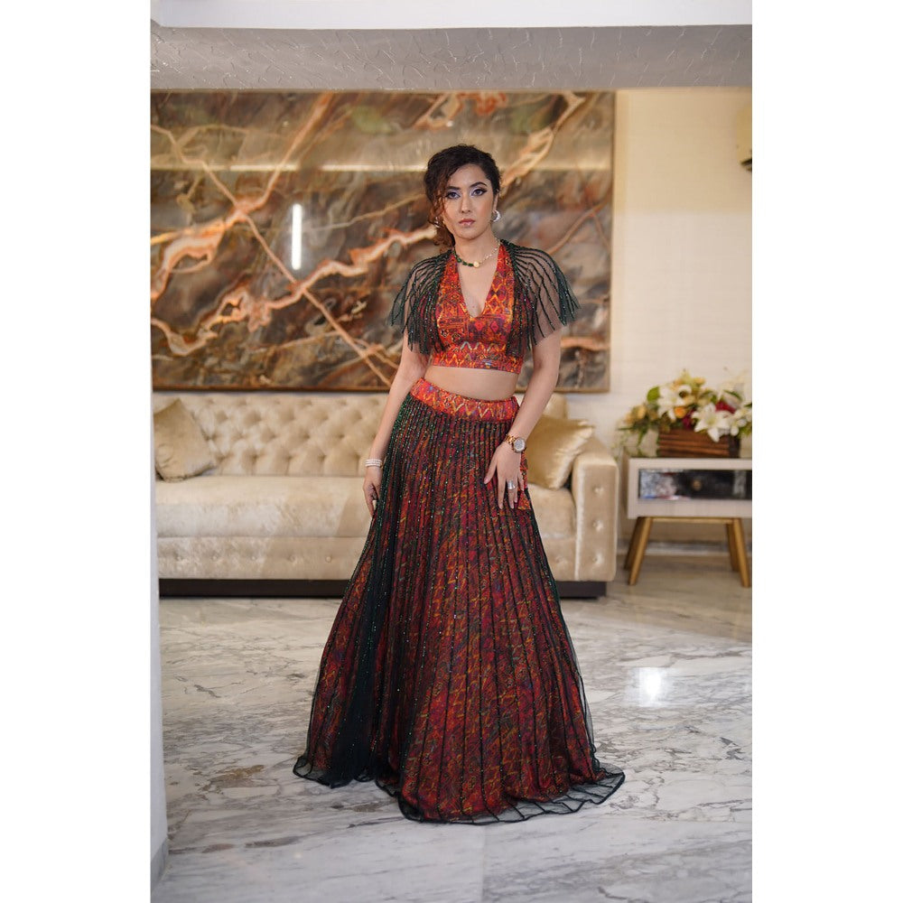 Label Simran Kochher Red Garden Dream Lehenga (Set of 2)