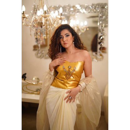 Label Simran Kochher Yellow The Royal Whimsical Blouse with Cape and Skirt (Set of 3)