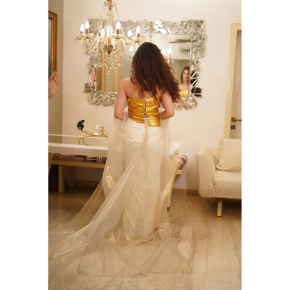 Label Simran Kochher Yellow The Royal Whimsical Blouse with Cape and Skirt (Set of 3)