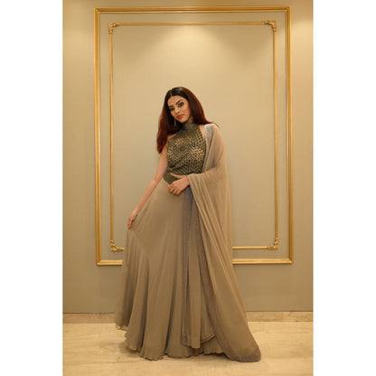 Label Simran Kochher Brown The Bridesmaid Lehenga with Blouse and Dupatta (Set of 3)