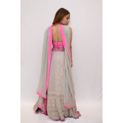 Label Simran Kochher Grey Popin'n In Pink Lehenga with Blouse and Dupatta (Set of 3)