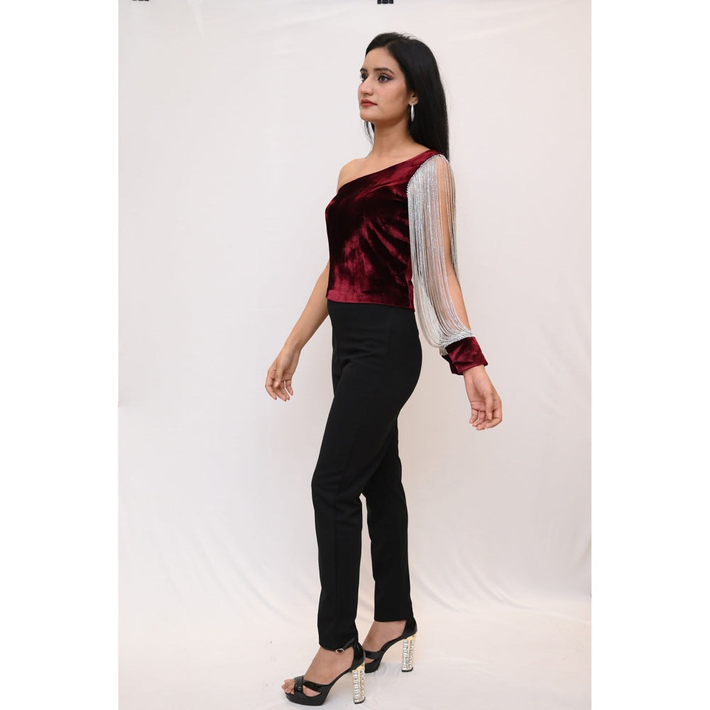 Label Simran Kochher Maroon Stiletto One Sleeve Velvety Top