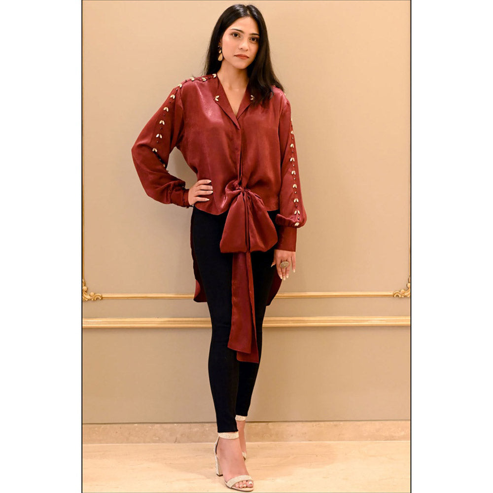 Label Simran Kochher Maroon Embroidered Tied In Knots Top