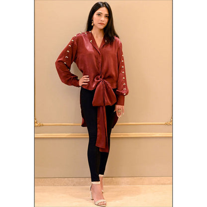 Label Simran Kochher Maroon Embroidered Tied In Knots Top