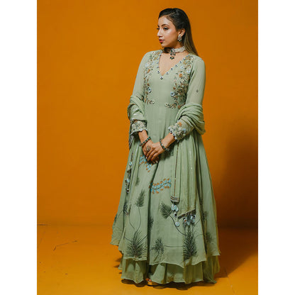 Simmi Guntaj Green Anarkali with Skirt and Dupatta (Set of 3)