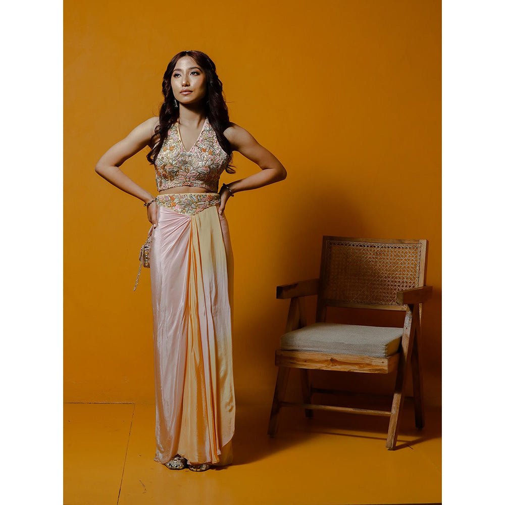 Simmi Guntaj Beige Ombre Skirt with Halter Neck Top (Set of 2)