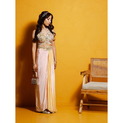 Simmi Guntaj Beige Ombre Skirt with Halter Neck Top (Set of 2)