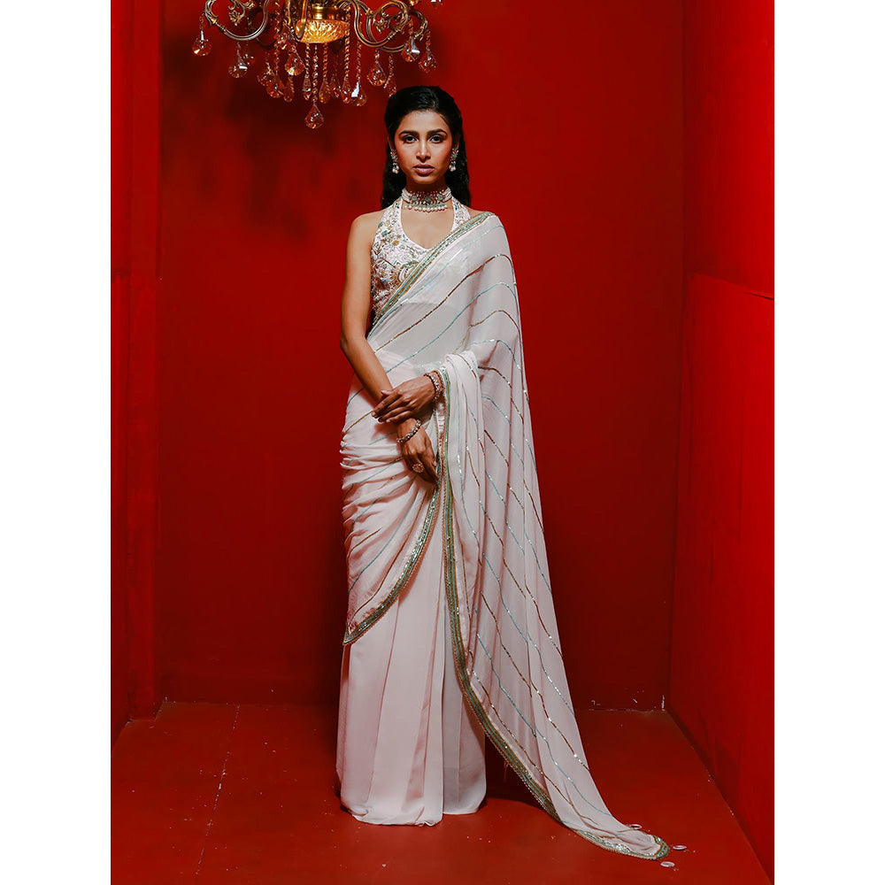 Simmi Guntaj Ivory Sequins Saree with Stitched Blouse