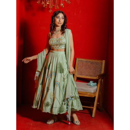 Simmi Guntaj Green Short Hand painted Lehenga with Blouse and Dupatta (Set of 3)