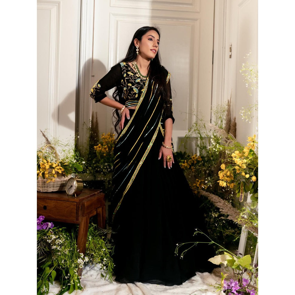 Simmi Guntaj Black Simran Pre Draped Saree with Stitched Blouse