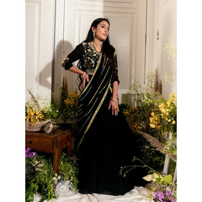 Simmi Guntaj Black Simran Pre Draped Saree with Stitched Blouse