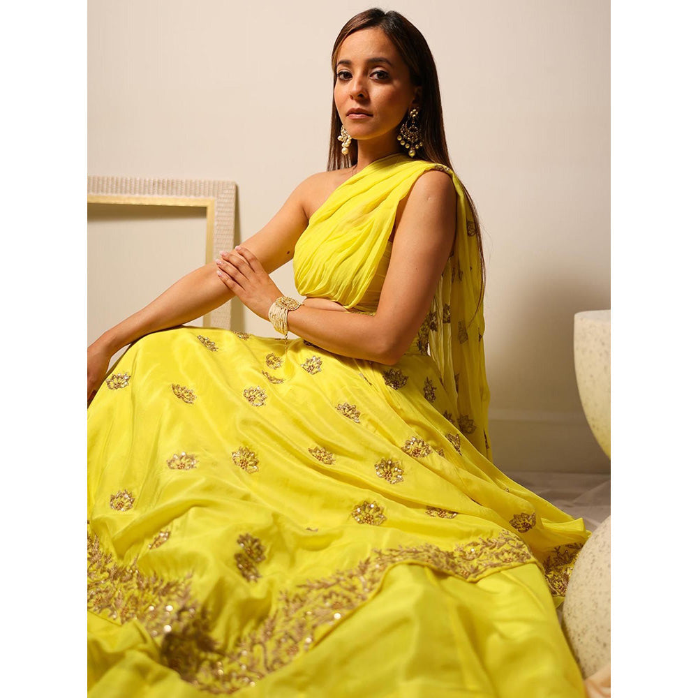 Simmi Guntaj Yellow Sarah Crop Top with Attached Draped Dupatta and Lehenga (Set of 2)