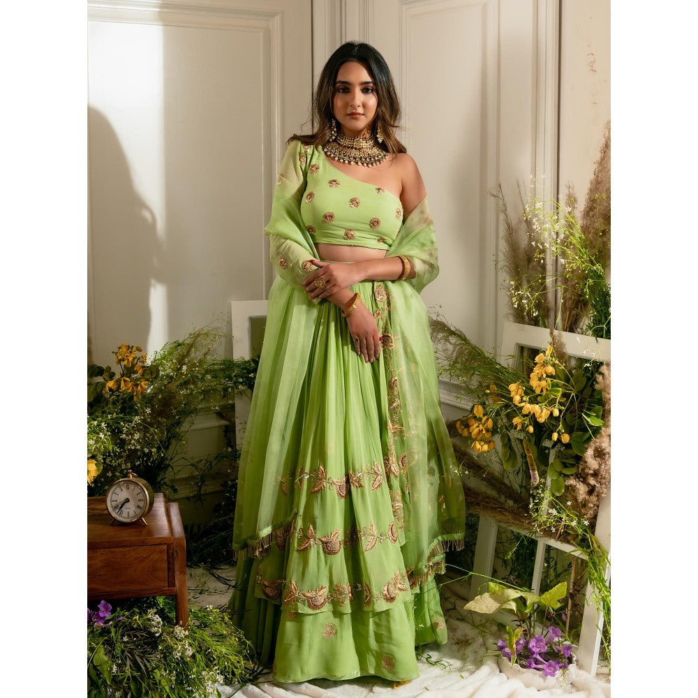 Simmi Guntaj Green Piranda Lehenga with Blouse and Dupatta (Set of 3)