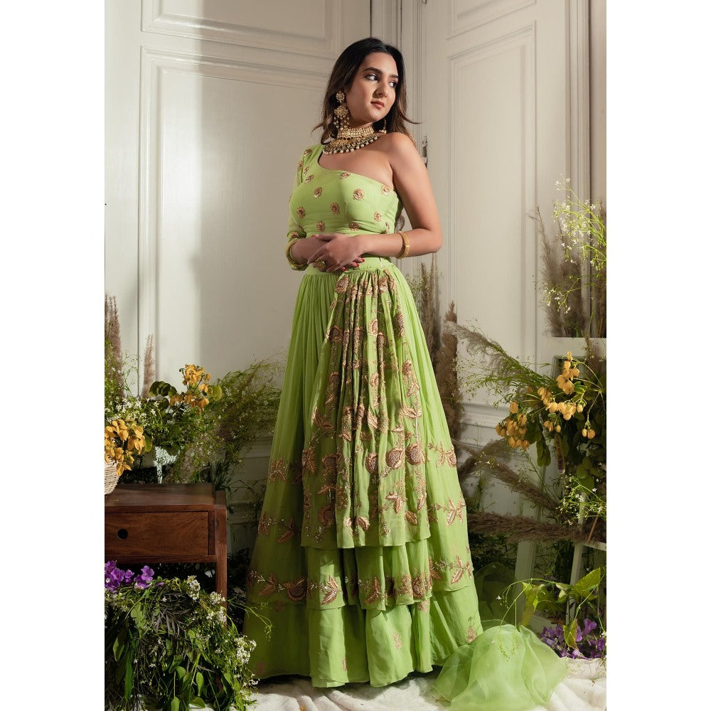 Simmi Guntaj Green Piranda Lehenga with Blouse and Dupatta (Set of 3)