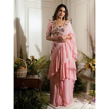 Simmi Guntaj Title Pink Ruffled Pre Draped Saree with Stitched Blouse