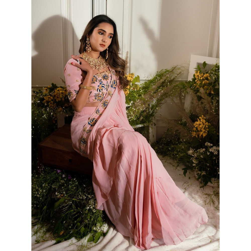 Simmi Guntaj Title Pink Ruffled Pre Draped Saree with Stitched Blouse